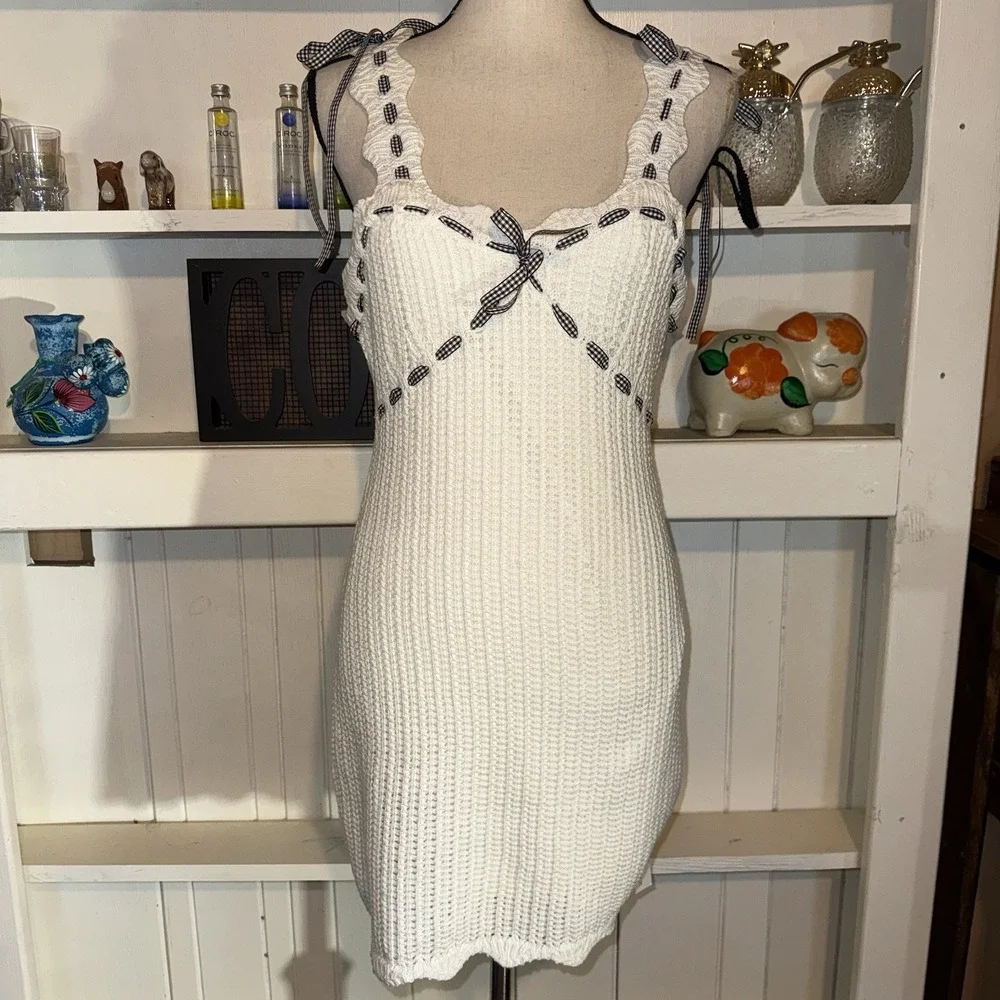 For Love & Lemons White‎ Large Becka Mini Knit Dress NEW $198 Boho